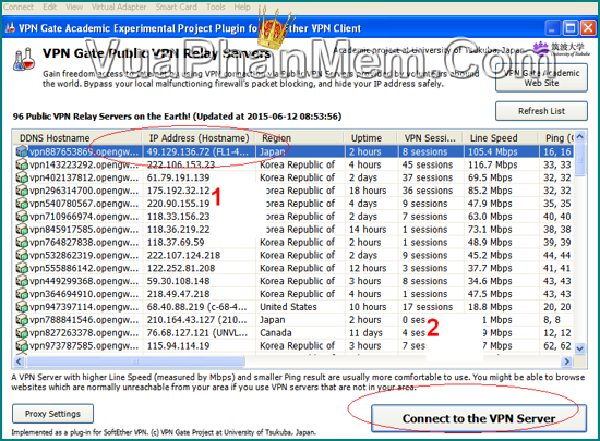 Chọn server và kết nối đến server với VPN Gate